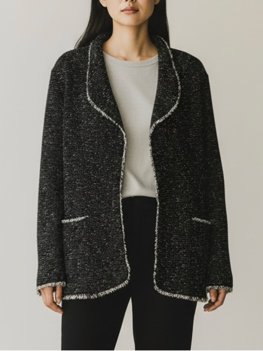 Max Studio Black Tweed Open-Front Blazer with White Trim